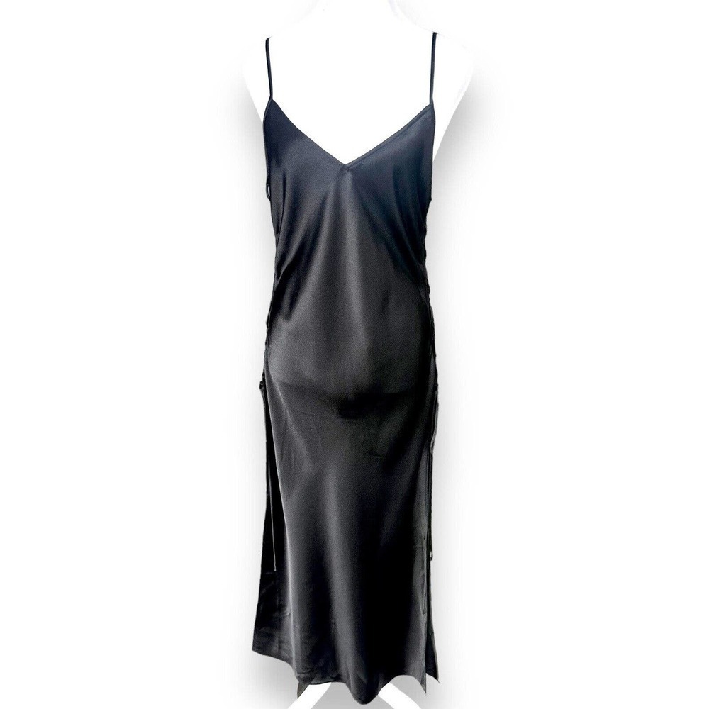 Victorias Secret Slip Dress Long Strappy Corset Sides Sz M Black Satin Gown Sexy - Picture 7 of 7